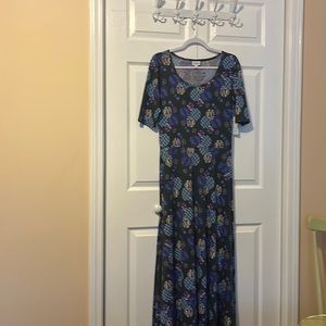 LulaRoe Ana Large Grey with purple and blue geometric shapes